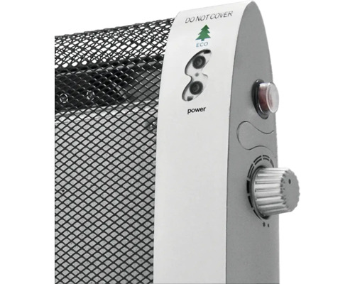 Radiateur électrique avec grille de protection, bouton rotatif, indicateur mode Eco et avertissement de sécurité Ne pas couvrir.