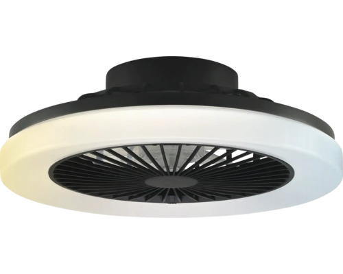 Moderner Deckenventilator mit integriertem LED-Leuchtring und schwarzem Gehäuse.