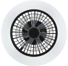 Moderner Deckenventilator mit LED-Licht, Ansicht von unten mit Ventilatorflügeln hinter Schutzgitter und rundem Lichtring.