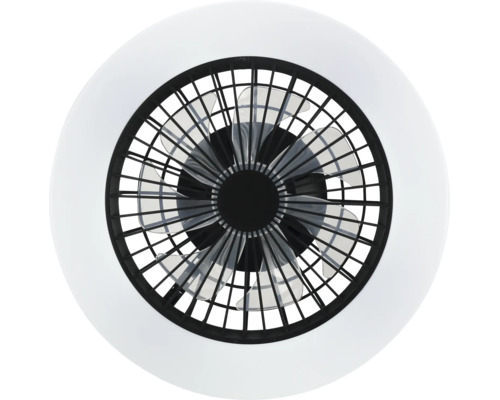 Moderner Deckenventilator mit LED-Licht, Ansicht von unten mit Ventilatorflügeln hinter Schutzgitter und rundem Lichtring.