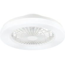 Runder Deckenventilator in Weiß mit integriertem LED-Lichtring und Schutzgitter.