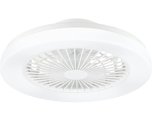 Runder Deckenventilator in Weiß mit integriertem LED-Lichtring und Schutzgitter.