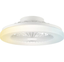 Runder weißer Deckenventilator mit integriertem Lichtring und verstellbarer Farbtemperatur.