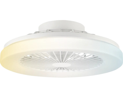 Runder weißer Deckenventilator mit integriertem Lichtring und verstellbarer Farbtemperatur.