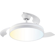 Runder Deckenventilator mit integrierter LED-Leuchte und ausfahrbaren Flügeln, weiß.