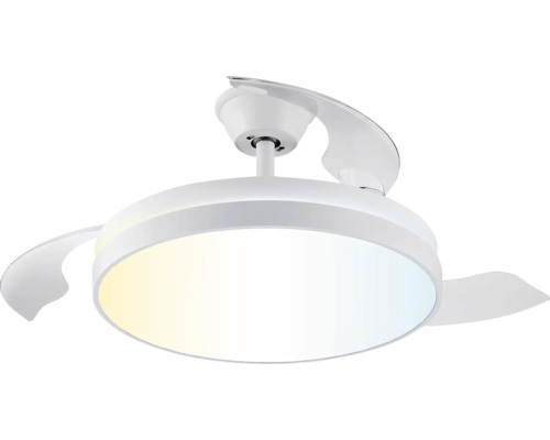 Runder Deckenventilator mit integrierter LED-Leuchte und ausfahrbaren Flügeln, weiß.