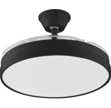 Moderner Deckenventilator mit integrierter LED-Leuchte, schwarzem Gehäuse, weißem Diffusor und einklappbaren Flügeln aus Kunststoff.