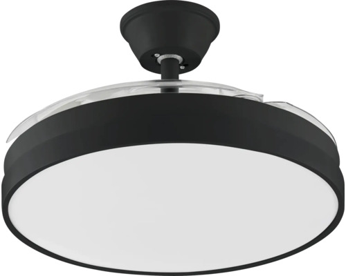 Moderner Deckenventilator mit integrierter LED-Leuchte, schwarzem Gehäuse, weißem Diffusor und einklappbaren Flügeln aus Kunststoff.