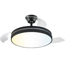 Moderner Deckenventilator mit LED-Beleuchtung, rundes schwarzes Gehäuse und transparente Flügel.