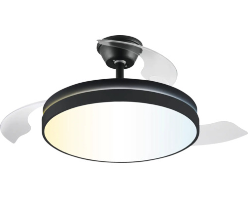 Moderner Deckenventilator mit LED-Beleuchtung, rundes schwarzes Gehäuse und transparente Flügel.