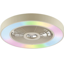 Moderner runder Deckenventilator mit integrierter RGB LED Leuchte und kreisförmigem Schutzgitter.