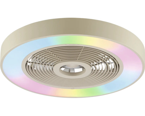 Moderner runder Deckenventilator mit integrierter RGB LED Leuchte und kreisförmigem Schutzgitter.