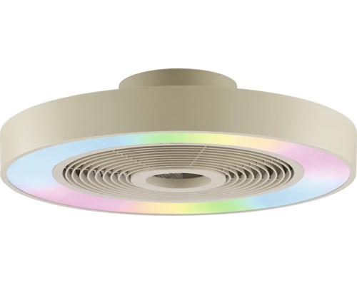 Flacher, runder Deckenventilator mit integriertem LED-Lichtring in Regenbogenfarben und verdeckten Rotorblättern.