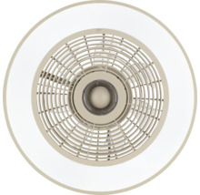Runder Deckenventilator mit integriertem LED-Licht und kreisförmigem Schutzgitter, Ansicht von unten.