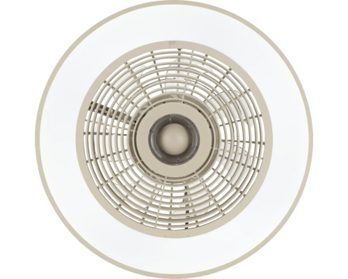 Runder Deckenventilator mit integriertem LED-Licht und kreisförmigem Schutzgitter, Ansicht von unten.