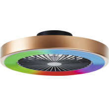 Runder bronzefarbener Deckenventilator mit schwarzer Halterung, integrierter LED-Beleuchtung und Farbwechselfunktion.