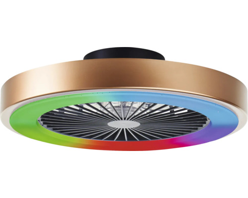 Runder bronzefarbener Deckenventilator mit schwarzer Halterung, integrierter LED-Beleuchtung und Farbwechselfunktion.
