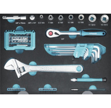 Werkzeugeinlage mit Umschaltknarre, Rollgabelschlüssel, Innensechskantschlüsselsatz, Steckschlüsseln und Bit-Set von Technocraft Professional.