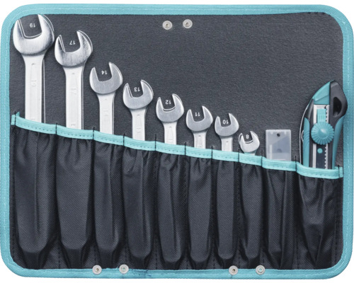 Werkzeugset in einer Rolltasche mit acht Maulschlüsseln der Größen 8 bis 19 Millimeter und einem Cuttermesser.