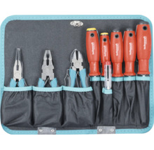 Organisiertes Technocraft Werkzeugset in einer Textiltasche mit Kombizange, Flachrundzange, Seitenschneider, fünf Schraubendrehern und Spannungsprüfer.