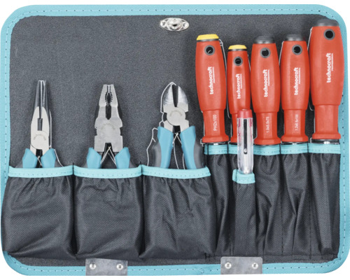 Organisiertes Technocraft Werkzeugset in einer Textiltasche mit Kombizange, Flachrundzange, Seitenschneider, fünf Schraubendrehern und Spannungsprüfer.