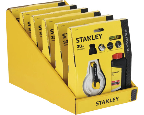 Kit de cordeau à tracer Stanley FatMax, 30 mètres, présentoir de 6 kits comprenant le cordeau et la poudre de craie.