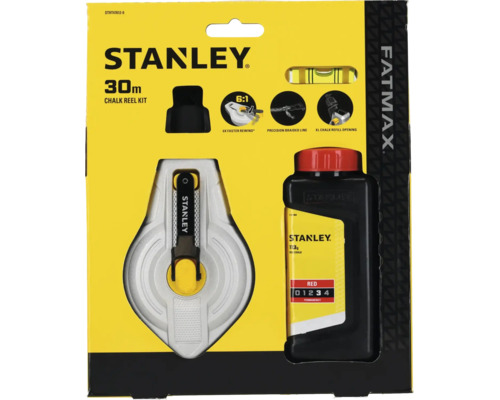 Kit cordeau à tracer Stanley FatMax 30 mètres avec poudre de craie rouge, niveau à bulle pour corde et clip ceinture.