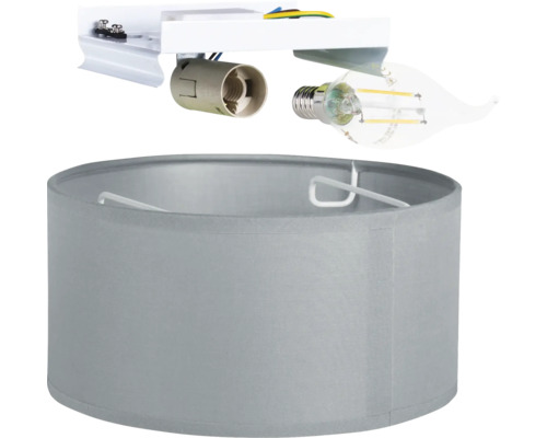 Applique murale avec abat-jour en tissu gris, douille E14 et ampoule LED en forme de bougie.