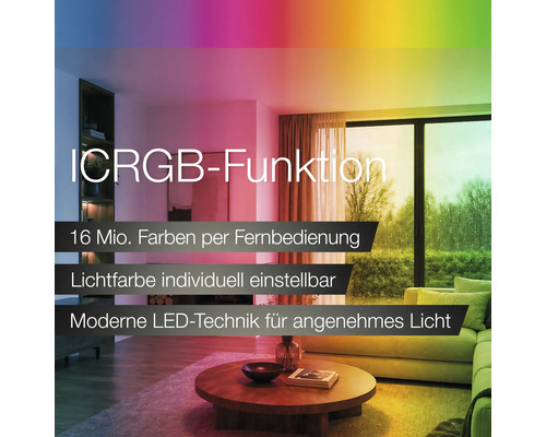 Wohnzimmer mit RGB-Beleuchtung, 16 Millionen Farben per Fernbedienung, individuell einstellbare Lichtfarbe, moderne LED-Technik.