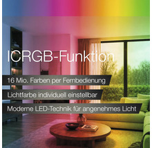 Wohnzimmer mit iCRGB LED-Beleuchtung. Sechzehn Millionen Lichtfarben per Fernbedienung einstellbar. Moderne LED-Technik für verschiedene Lichtszenen.