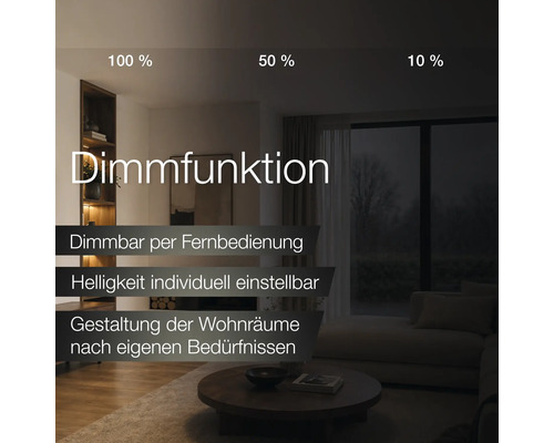 Wohnzimmer mit Dimmfunktion in drei Stufen: 100 Prozent, 50 Prozent und 10 Prozent. Per Fernbedienung einstellbare Helligkeit.