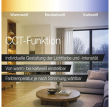Modernes Wohnzimmer mit Sofa und Couchtisch, das die CCT-Funktion zur Einstellung der Lichtfarbe von Warmweiß bis Kaltweiß erklärt.