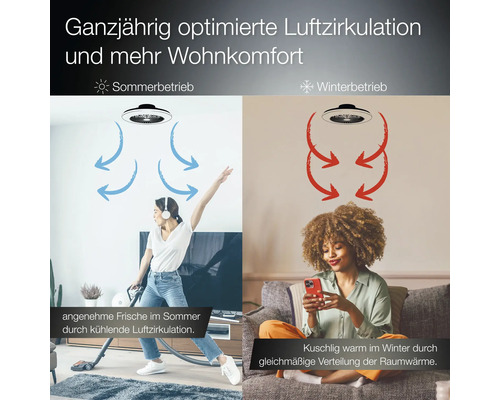 Deckenventilator mit Licht im Sommerbetrieb zur Kühlung und im Winterbetrieb zur gleichmässigen Verteilung der Raumwärme.