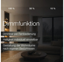 Wohnzimmer mit Dimmfunktion in drei Stufen: 100 Prozent, 50 Prozent und 10 Prozent. Per Fernbedienung einstellbare Helligkeit.