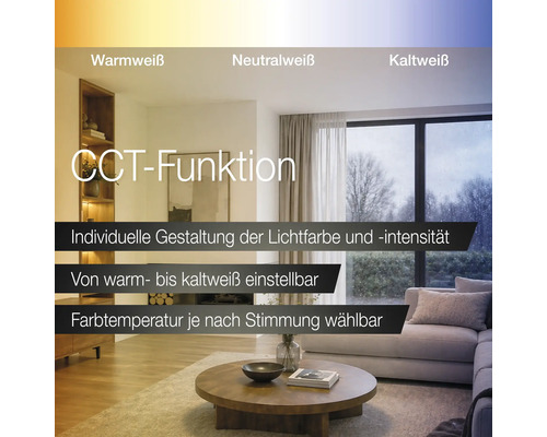 Modernes Wohnzimmer mit Sofa und Couchtisch, das die CCT-Funktion zur Einstellung der Lichtfarbe von Warmweiß bis Kaltweiß erklärt.