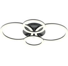 Plafonnier LED moderne avec quatre éléments lumineux circulaires en métal et plastique.