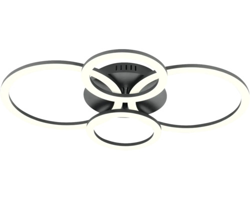 Plafonnier LED moderne avec quatre éléments lumineux circulaires en métal et plastique.