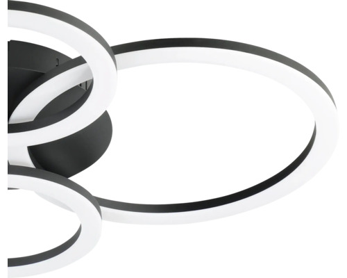 Plafonnier LED moderne noir composé d'éléments circulaires entrelacés.