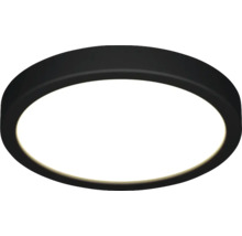 Plafonnier LED rond avec bord noir et diffuseur blanc.