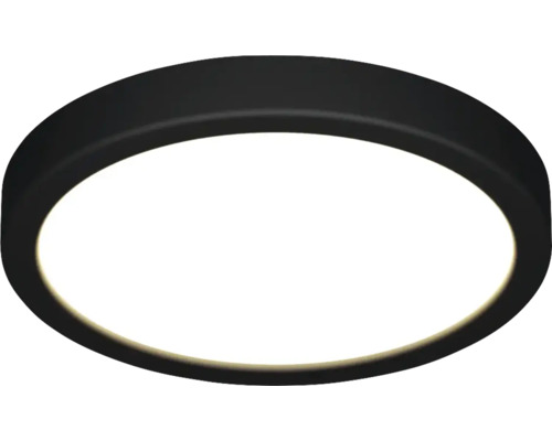 Plafonnier LED rond avec bord noir et diffuseur blanc.