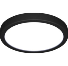 Plafonnier rond et plat avec cadre noir et diffuseur blanc.