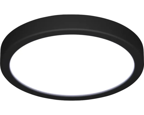 Plafonnier rond et plat avec cadre noir et diffuseur blanc.
