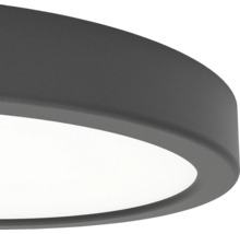 Vue détaillée d'un plafonnier LED rond et plat avec un cadre texturé gris foncé et un diffuseur blanc.