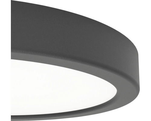 Vue détaillée d'un plafonnier LED rond et plat avec un cadre texturé gris foncé et un diffuseur blanc.