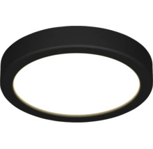 Plafonnier LED rond et plat avec un cadre noir et une surface lumineuse blanche.