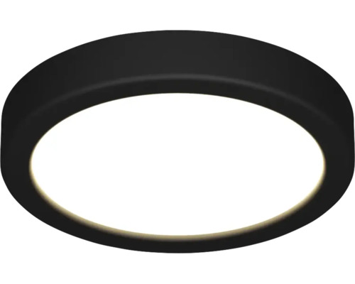 Plafonnier LED rond et plat avec un cadre noir et une surface lumineuse blanche.