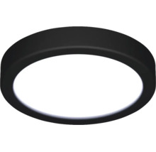 Plafonnier LED rond et plat avec boîtier noir et diffuseur blanc.