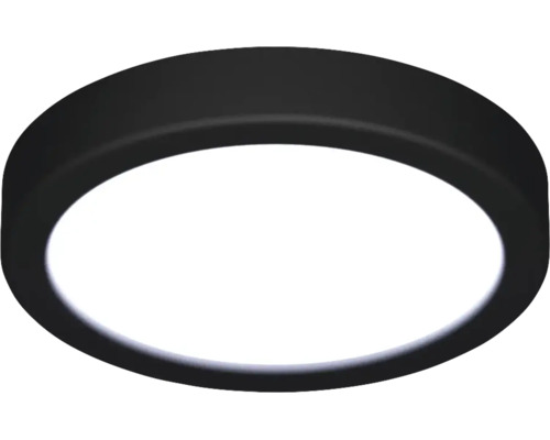 Plafonnier LED rond et plat avec boîtier noir et diffuseur blanc.
