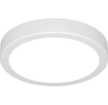 Plafonnier LED rond et plat en plastique blanc.