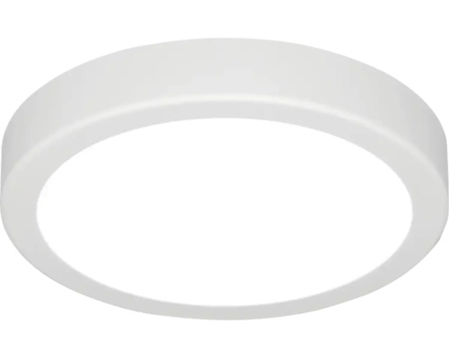 Plafonnier LED rond et plat en plastique blanc.